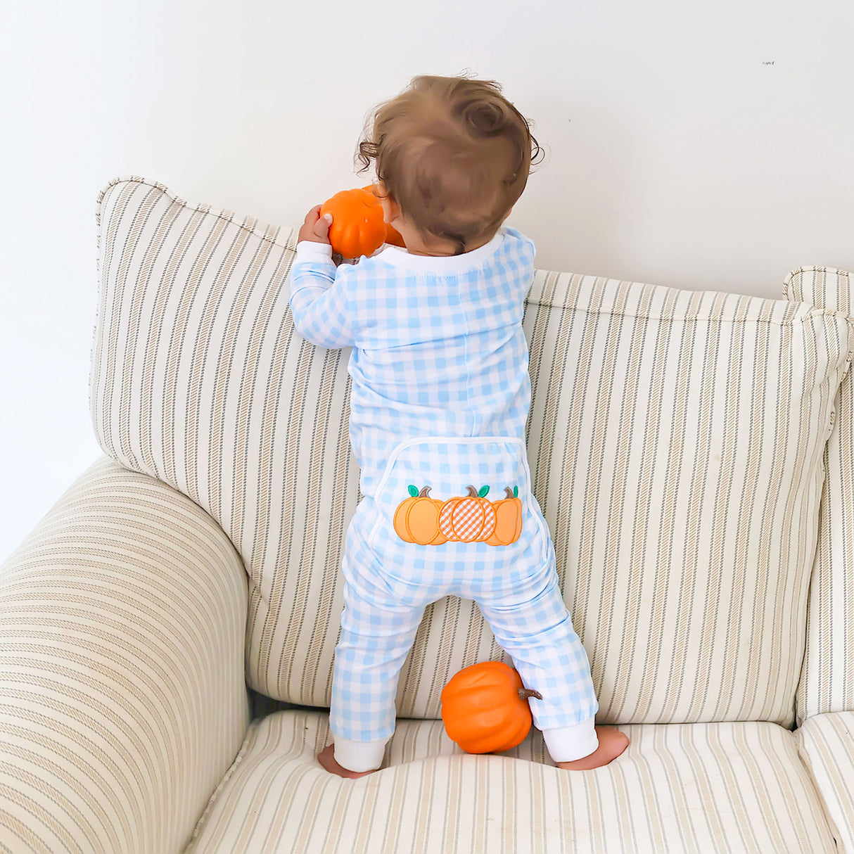 Pumpkin Cluster Blue Gingham Zip Sleeper