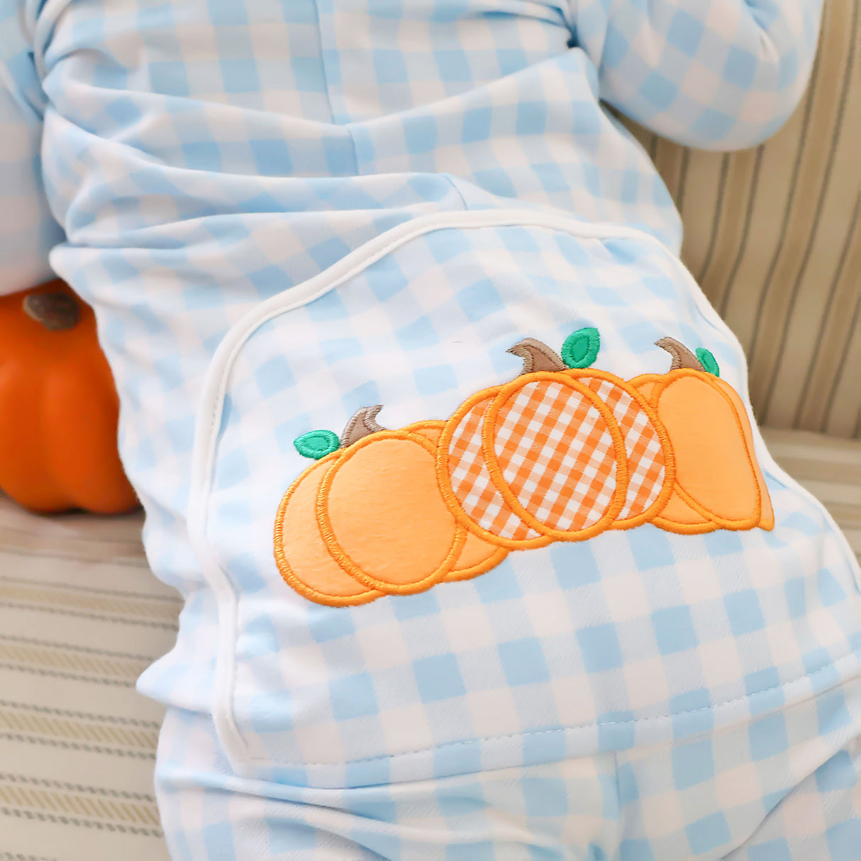 Pumpkin Cluster Blue Gingham Zip Sleeper