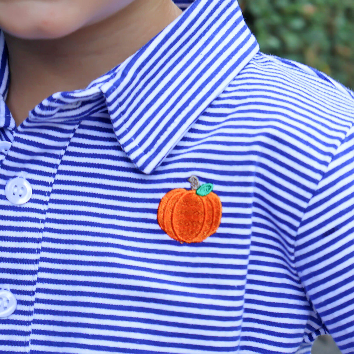 Pumpkin Embroidered Blue Stripe Polo