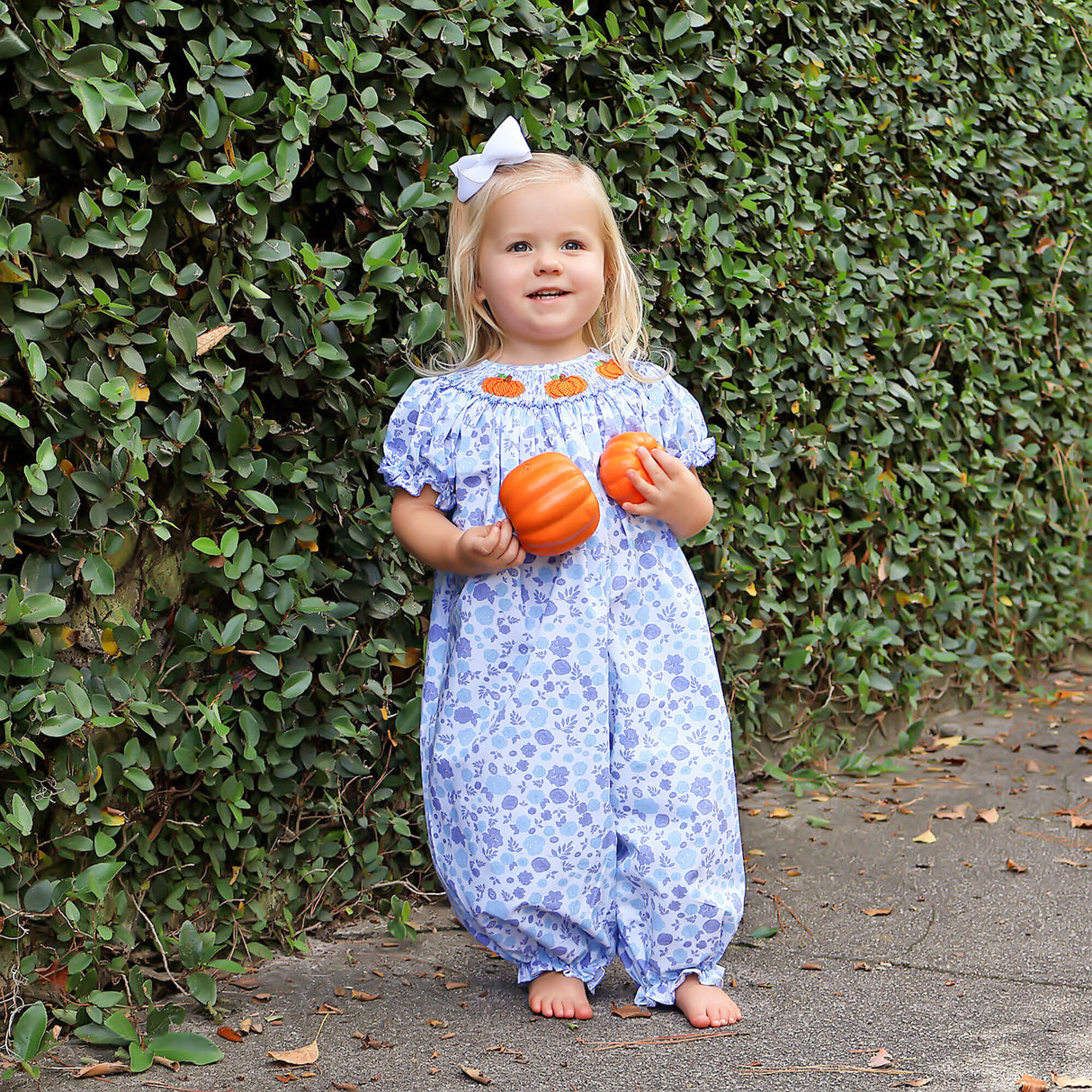 Pumpkin Patch Blue Floral Smocked Long Bubble