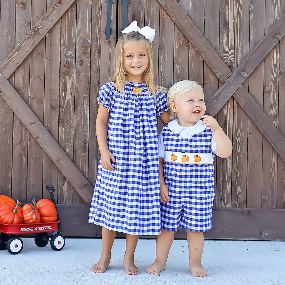 Pumpkin Smocked Navy Check Jon Jon