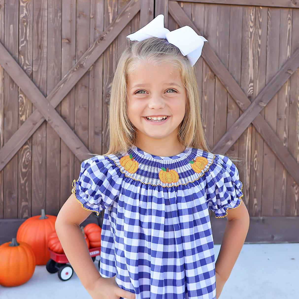 Pumpkin Smocked Navy Check Bishop Dress