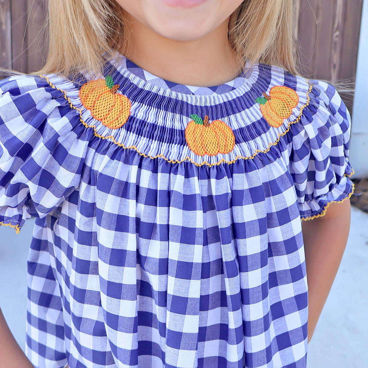 Pumpkin Smocked Navy Check Bishop Dress
