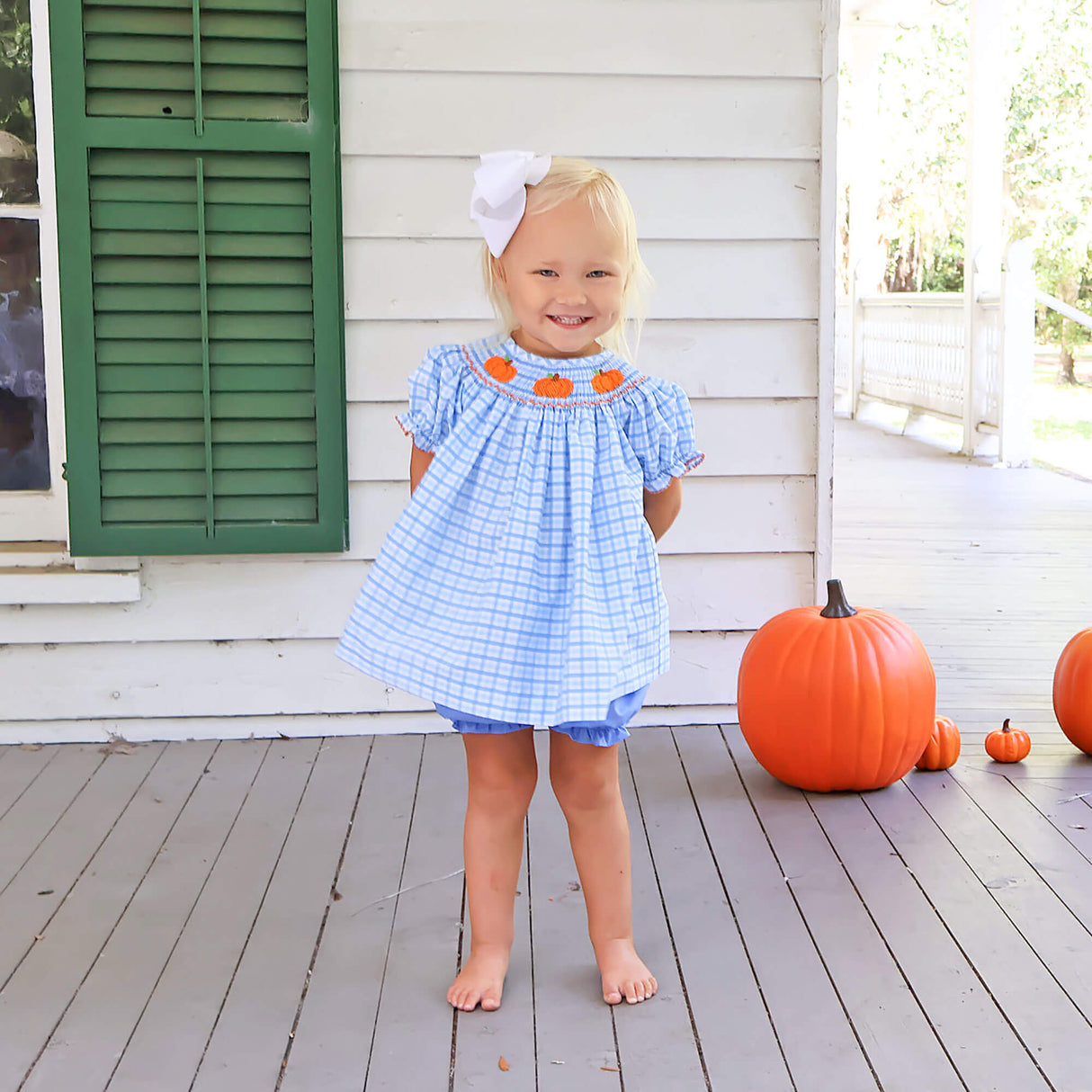 Little Pumpkin Blue Gingham Smocked  Bloomer Set