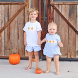 Pumpkin Trio Smocked Blue Check Collared Bubble