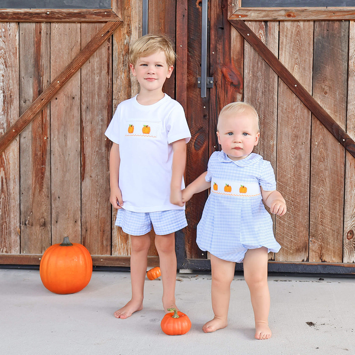Pumpkin Trio Smocked Blue Check Short Set