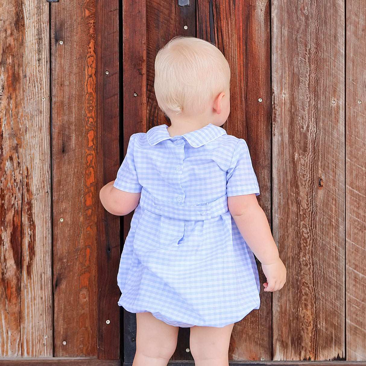 Pumpkin Trio Smocked Blue Check Collared Bubble