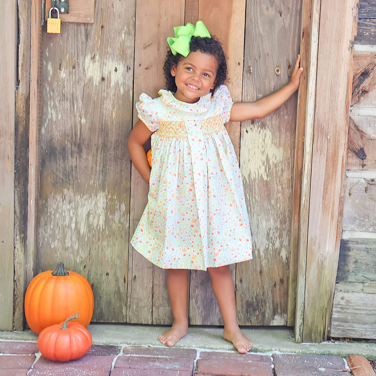 Cluster Pumpkin Floral Orange Smocked Beth Dress