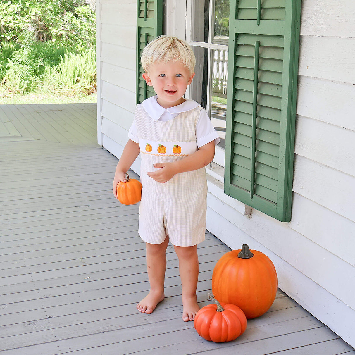 Autumn Pumpkin Smocked Tan Gingham Jon Jon