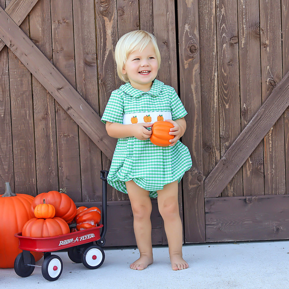 Green Check Pumpkin Smocked Collared Bubble