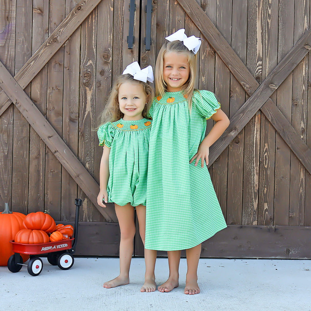 Paradise Pumpkin Smocked Green Windowpane Bishop Dress