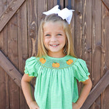 Paradise Pumpkin Smocked Green Windowpane Bishop Dress