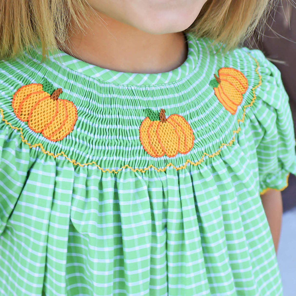 Paradise Pumpkin Smocked Green Windowpane Bishop Dress
