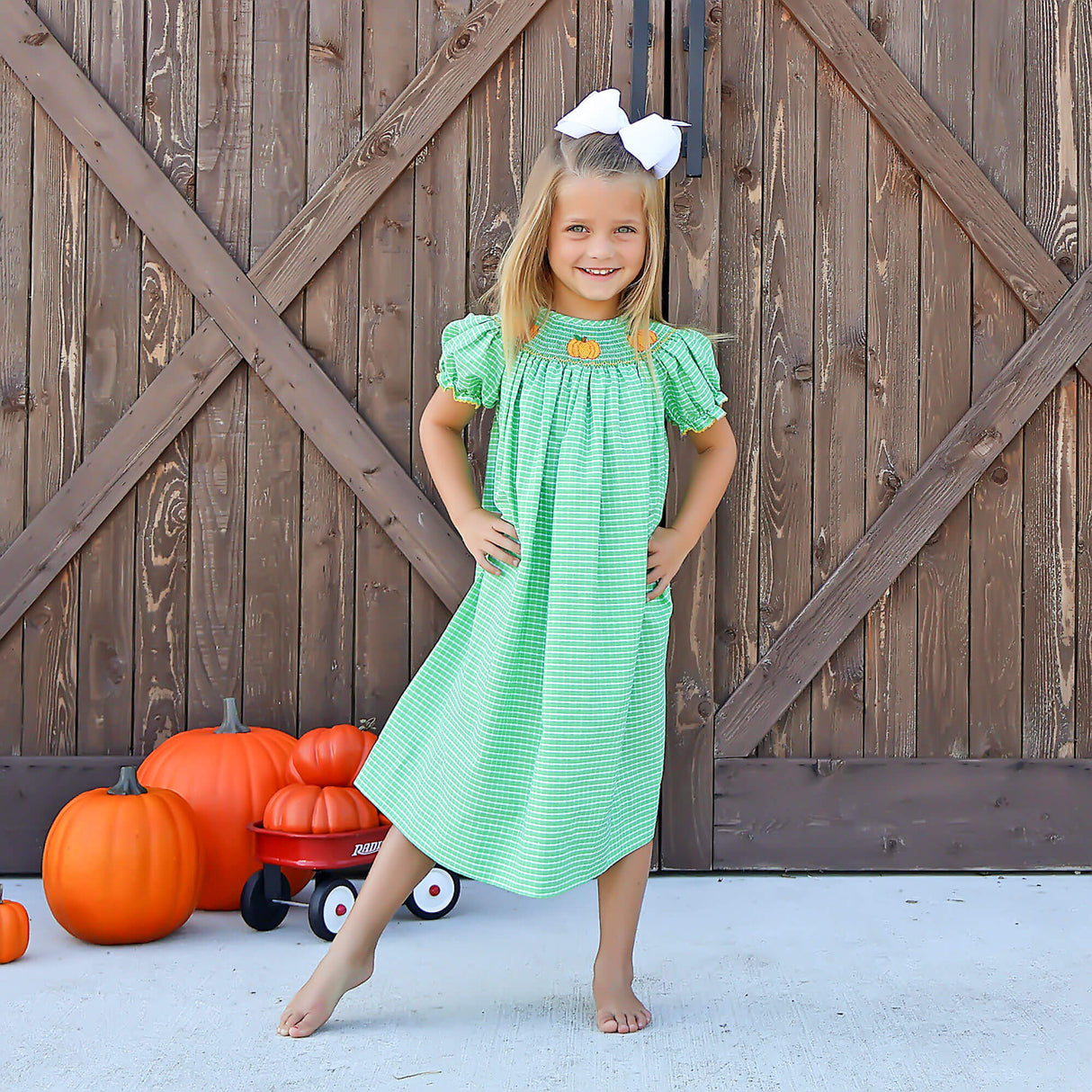 Paradise Pumpkin Smocked Green Windowpane Bishop Dress