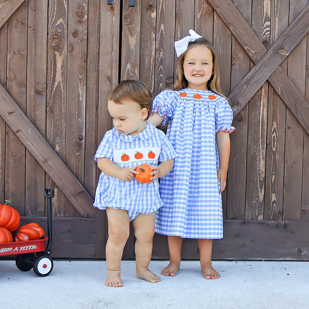 Pumpkin Smocked Light Blue Check Bishop Dress