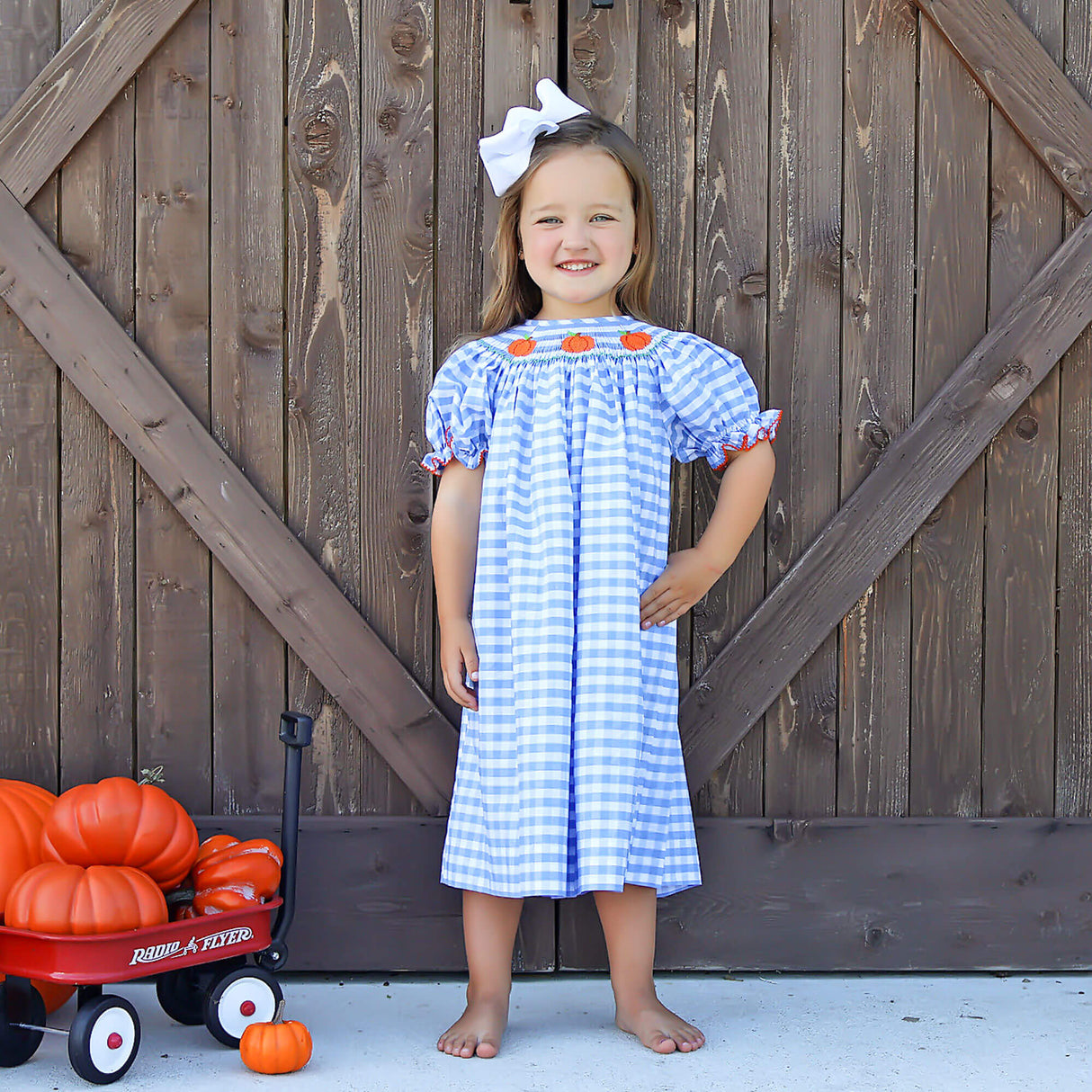 Pumpkin Smocked Light Blue Check Bishop Dress