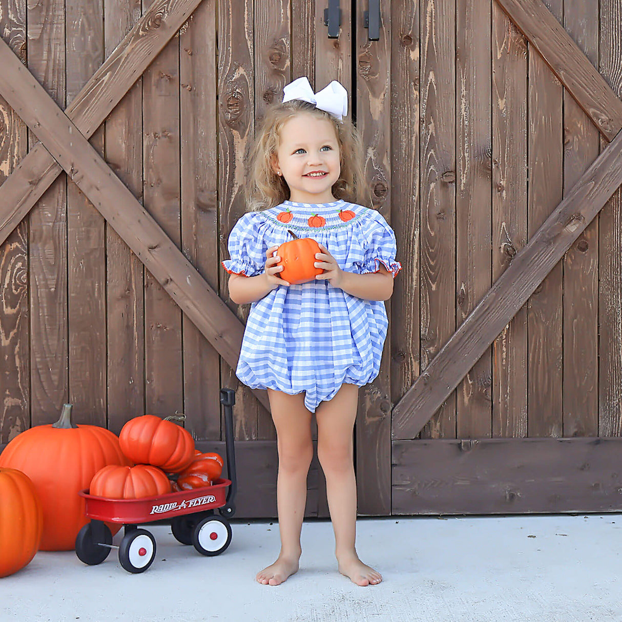 Pumpkin Smocked Light Blue Check Bishop Bubble