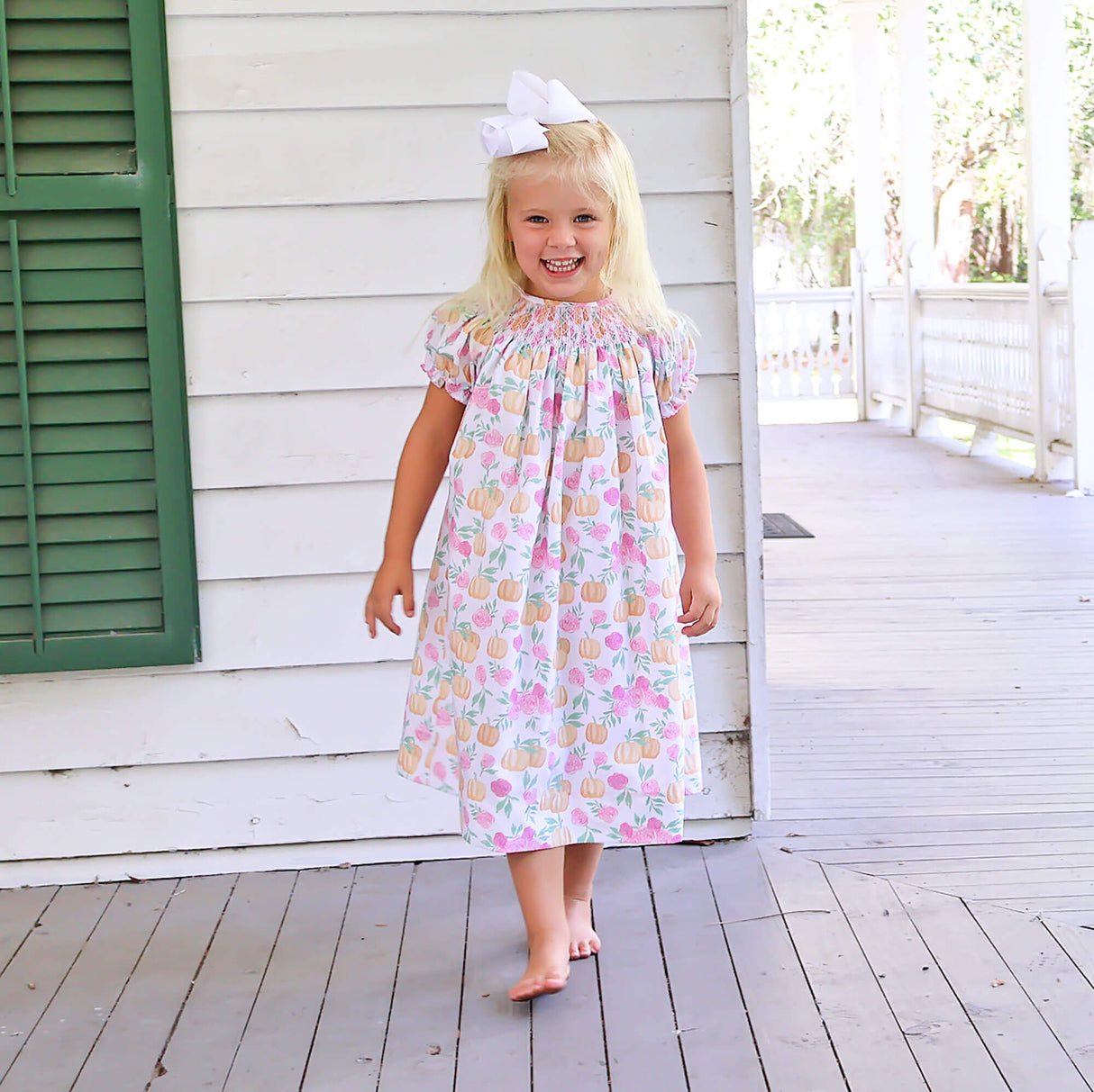 Pink Floral Pumpkin Smocked Bishop Dress