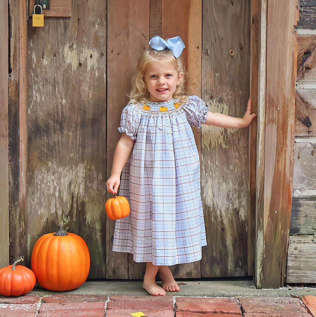 Pumpkin Smocked Blue & Tan Plaid Bishop Dress