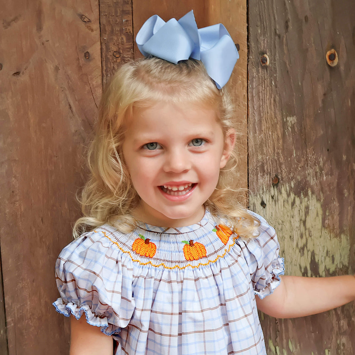 Pumpkin Smocked Blue & Tan Plaid Bishop Dress