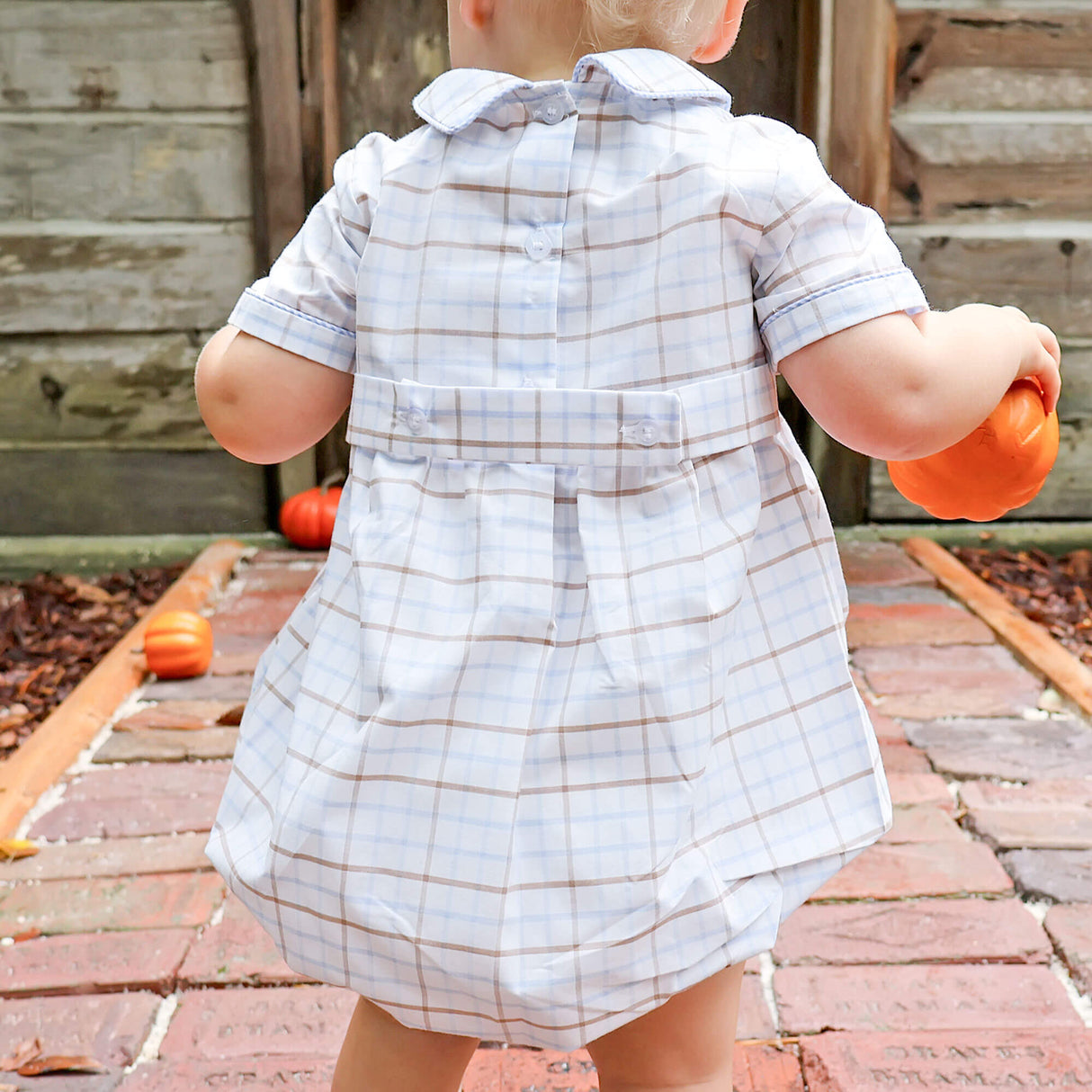 Blue & Tan Plaid Smocked Collared Bubble