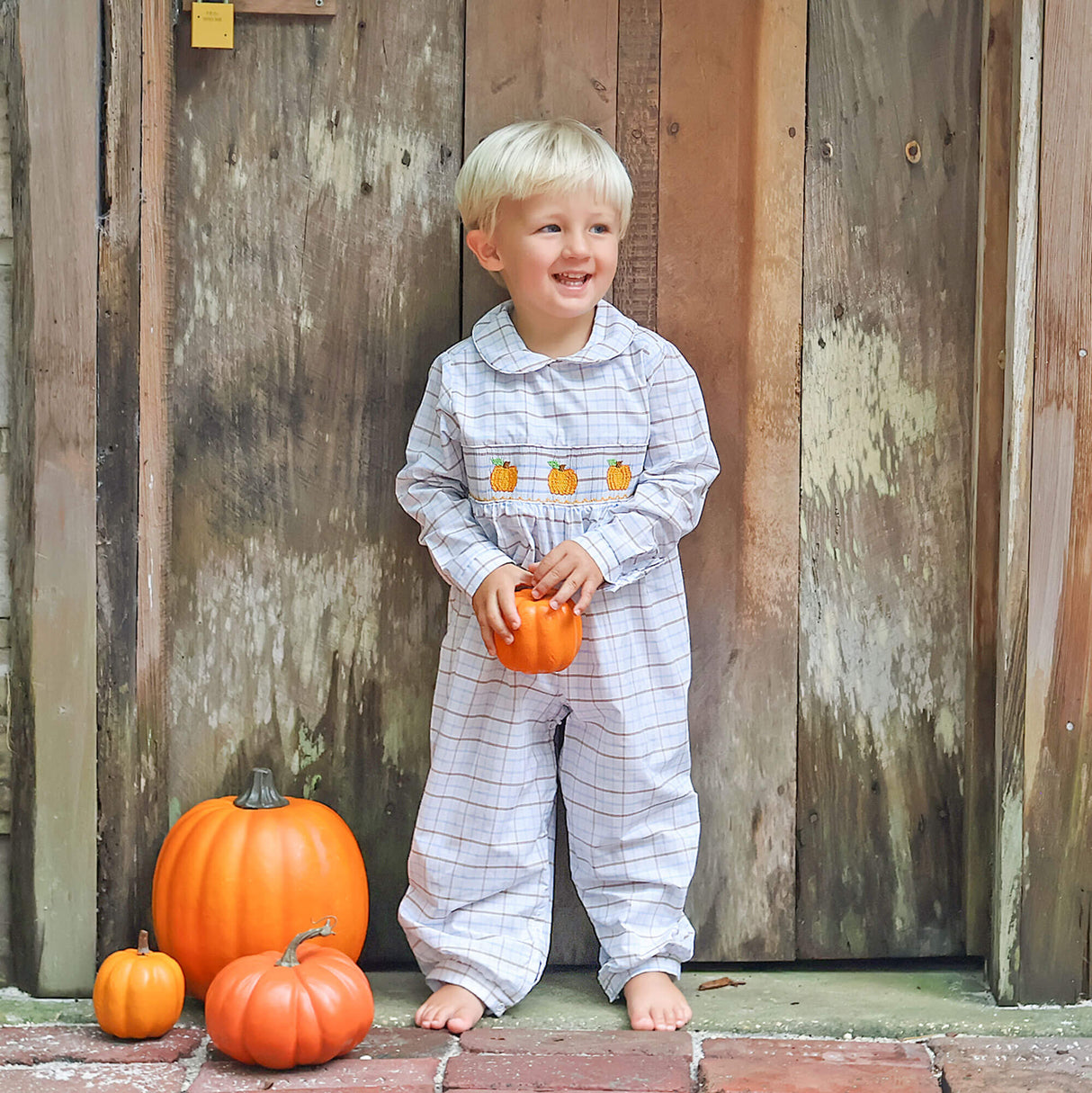 Pumpkin Smocked Blue & Tan Plaid Romper