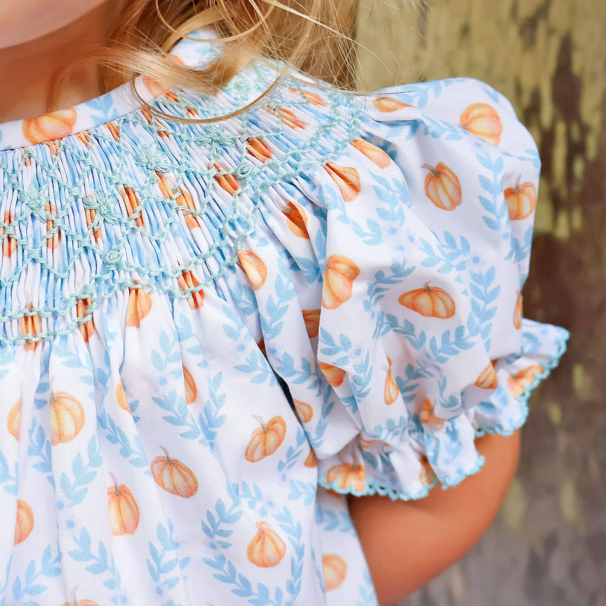 Pumpkin Trellis Smocked Blue Bishop Bubble