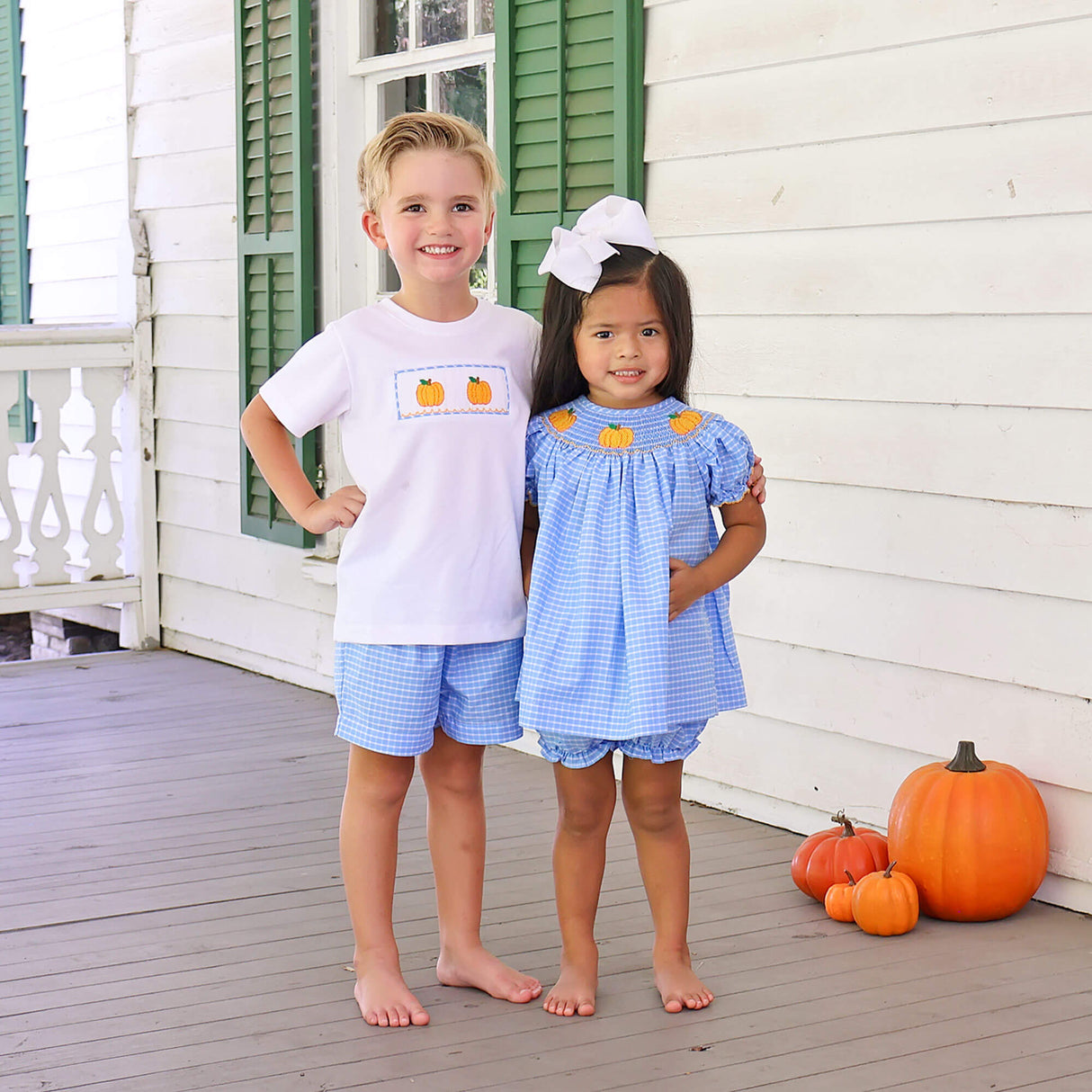 Pumpkin Trio Smocked French Blue Windowpane Bishop Bloomer Set