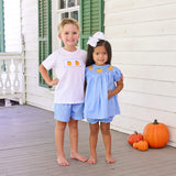 Pumpkin Trio Smocked French Blue Windowpane Bishop Bloomer Set