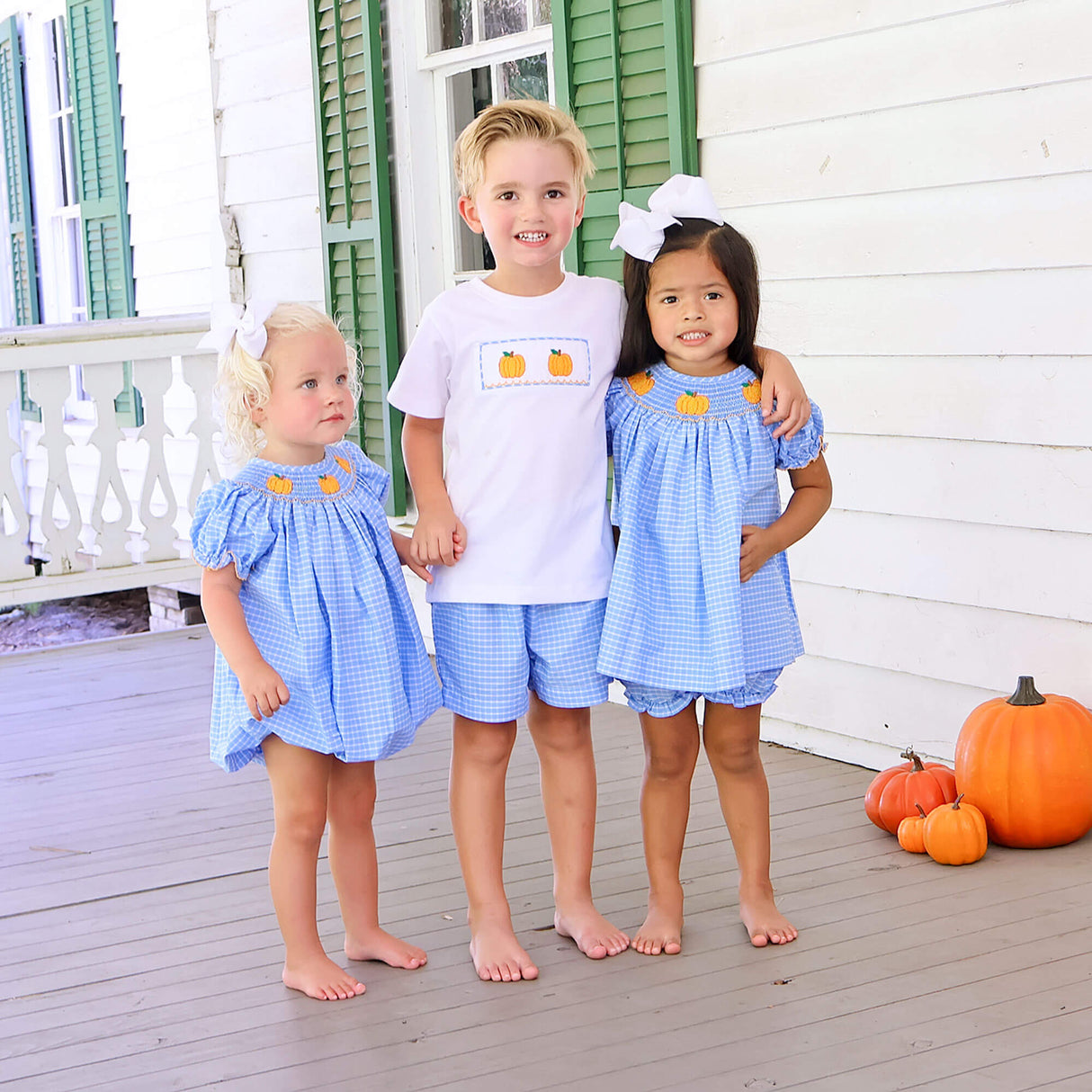 Pumpkin Trio Smocked French Blue Windowpane Bishop Bubble