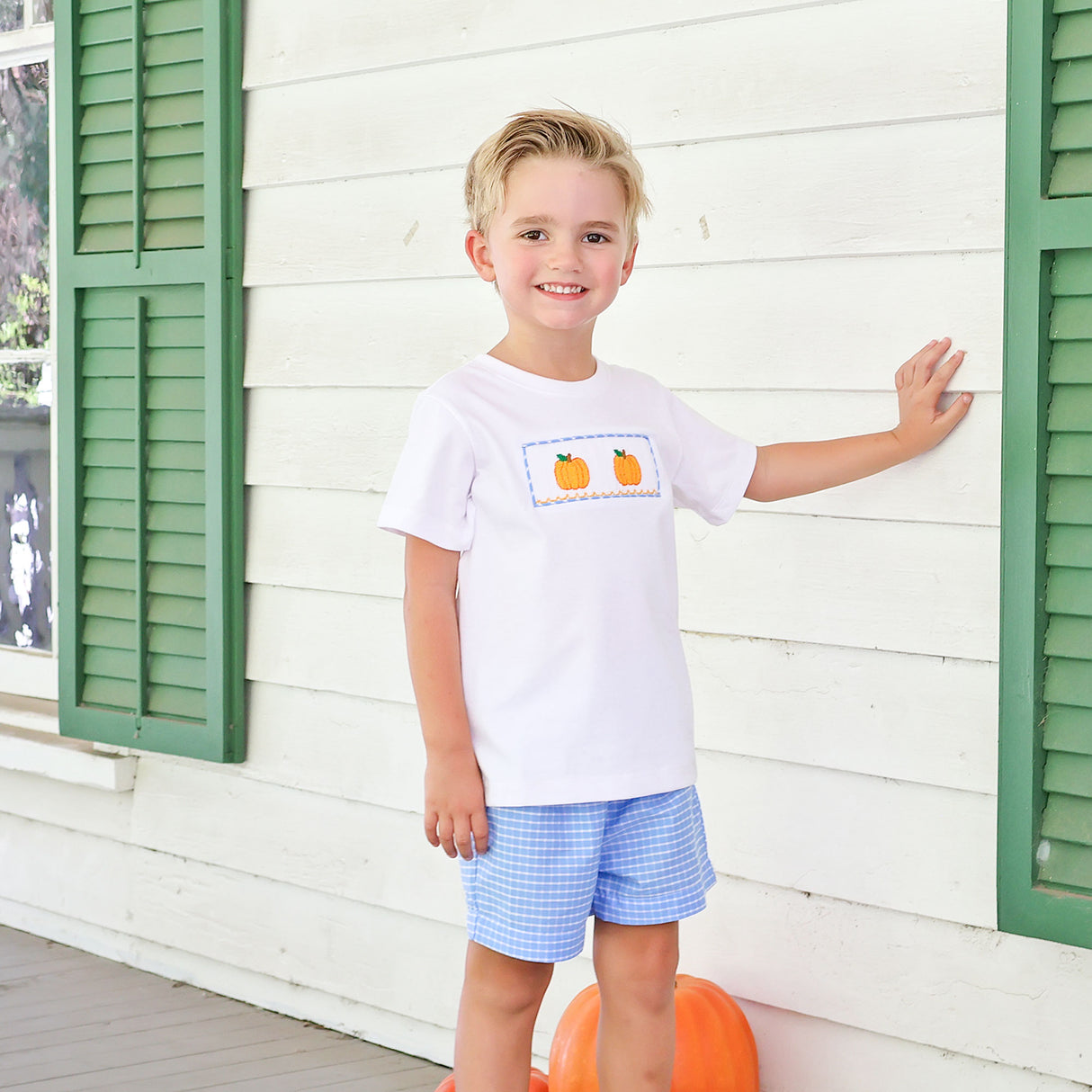 Pumpkin Trio Smocked French Blue Windowpane Short Set