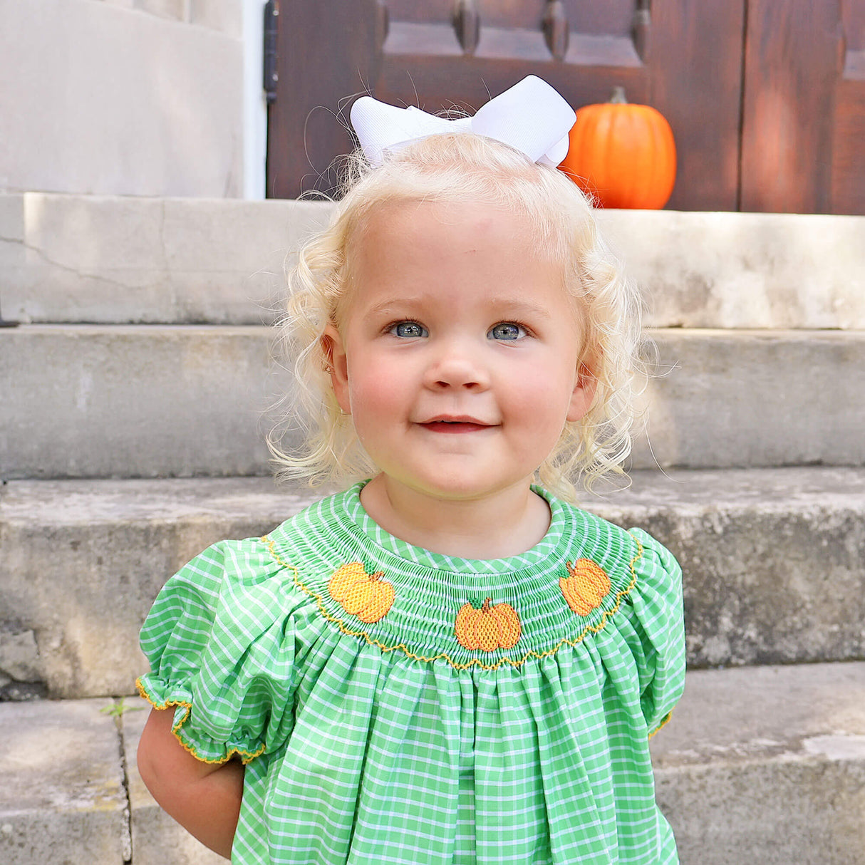 Paradise Pumpkin Smocked Green Windowpane Bubble