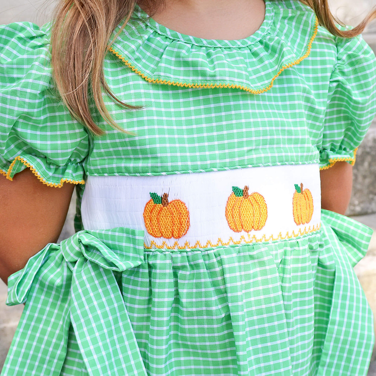 Paradise Pumpkin Smocked Green Windowpane Beverly Dress