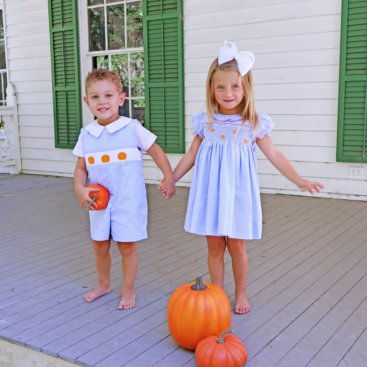 Harvest Pumpkin Light Blue Gingham Smocked Ruffle Collar Dress