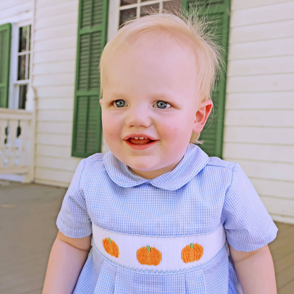 Harvest Pumpkin Smocked Light Blue Gingham Collared Bubble