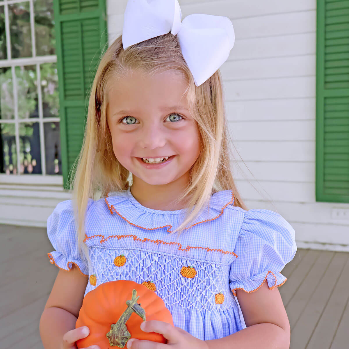 Harvest Pumpkin Light Blue Gingham Smocked Ruffle Collar Dress