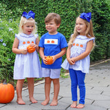 Pumpkin Cutie Smocked Blue Plaid Ruffle Collared Legging Set