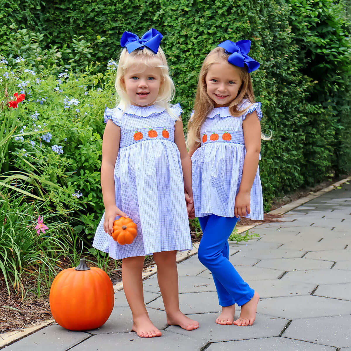 Pumpkin Cutie Smocked Blue Plaid Ruffle Collared Dress