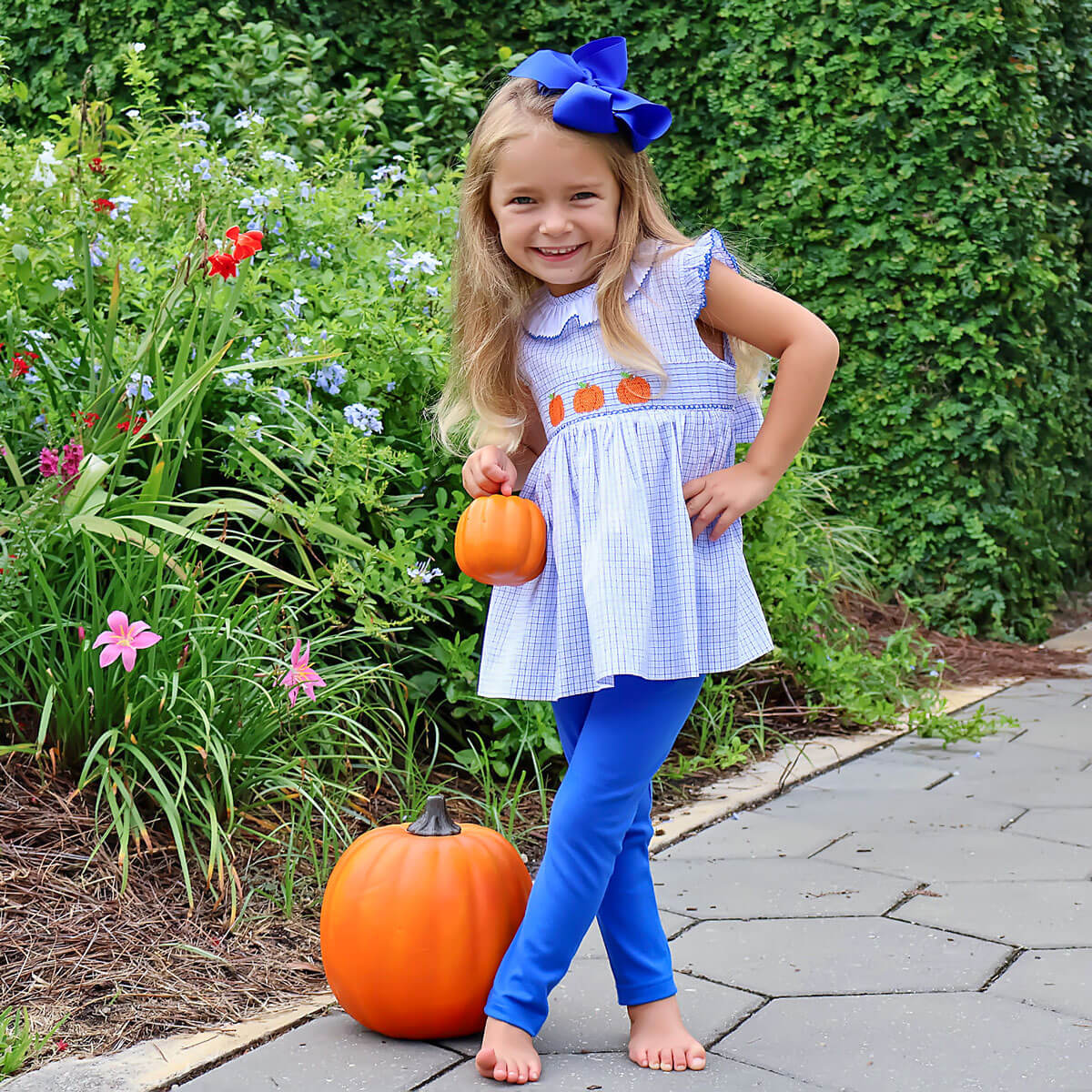 Pumpkin Cutie Smocked Blue Plaid Ruffle Collared Legging Set