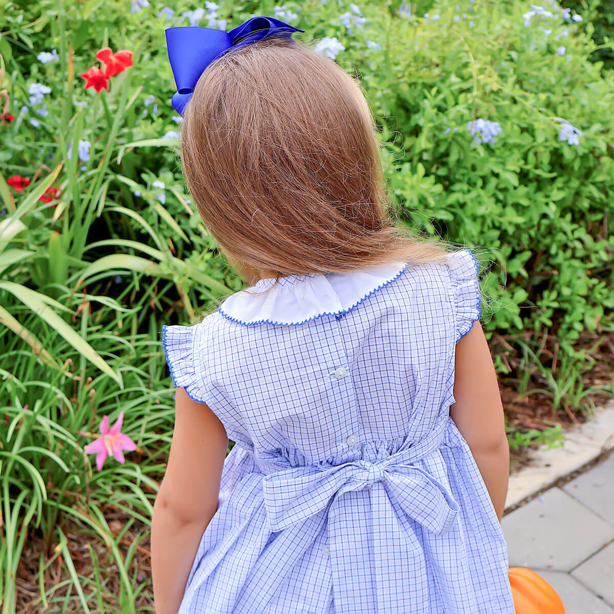 Pumpkin Cutie Smocked Blue Plaid Ruffle Collared Dress