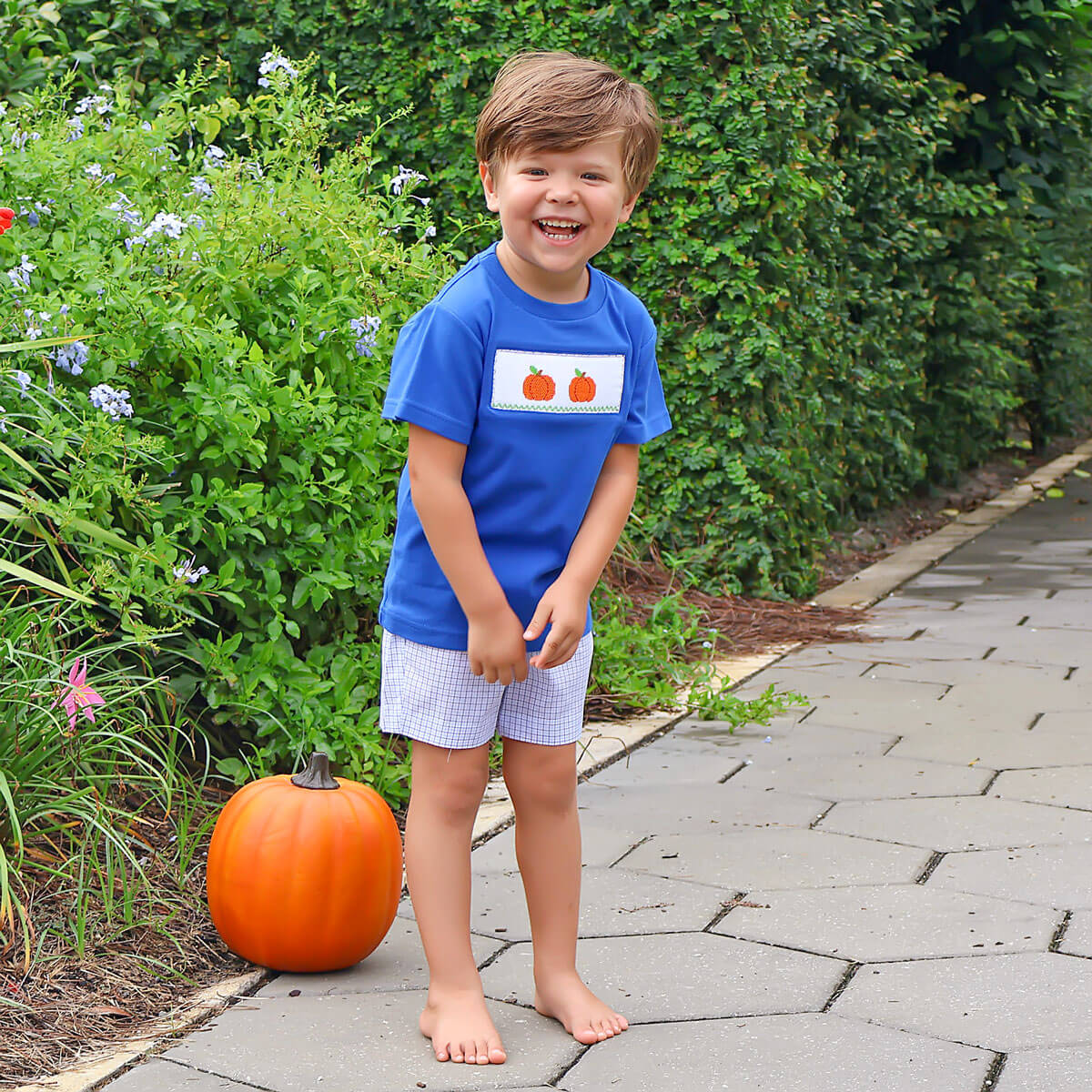 Pumpkin Cutie Smocked Blue Plaid Short Set