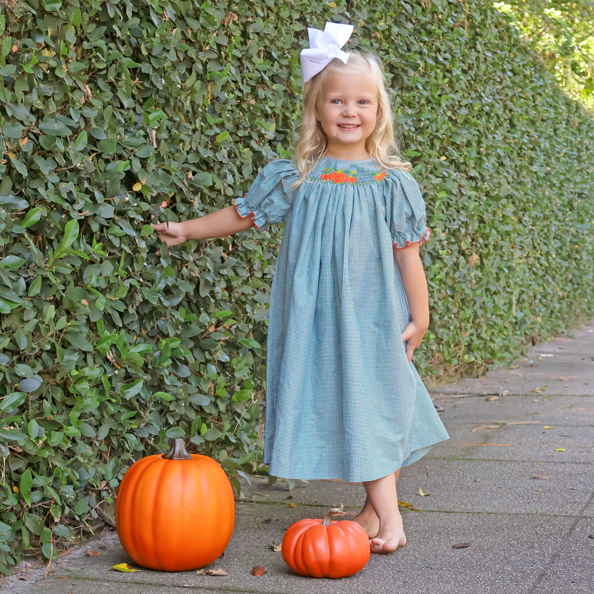 Pumpkin Smocked Green Gingham Bishop Dress Pumpkin Smocked Green Gingham Bishop Dress