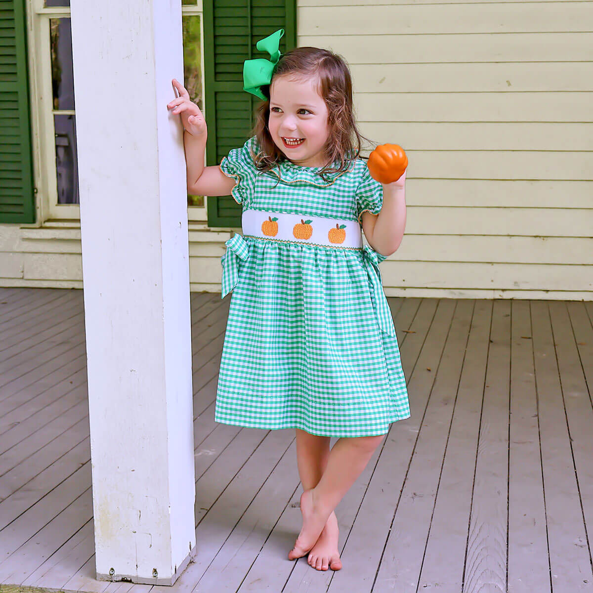 slim fit dress slacks Green Check Pumpkin Smocked Beverly Dress – Classic Whimsy
