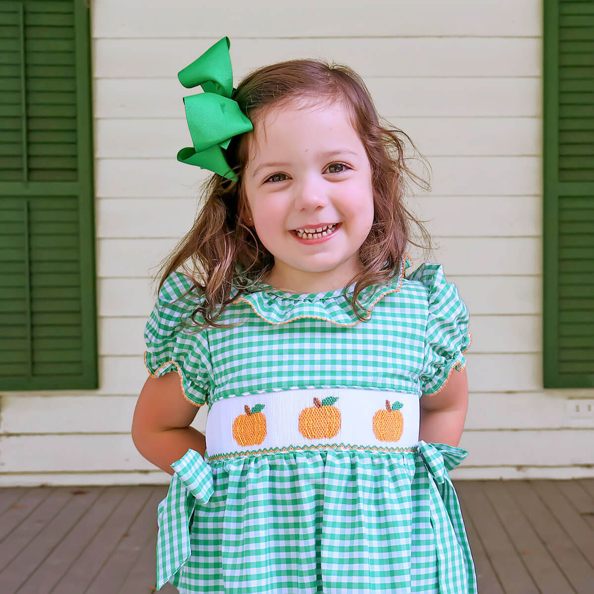 Green Check Pumpkin Smocked Beverly Dress