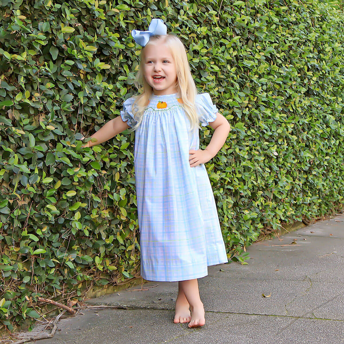 Pumpkin Smocked Blue & Green Plaid Bishop Dress