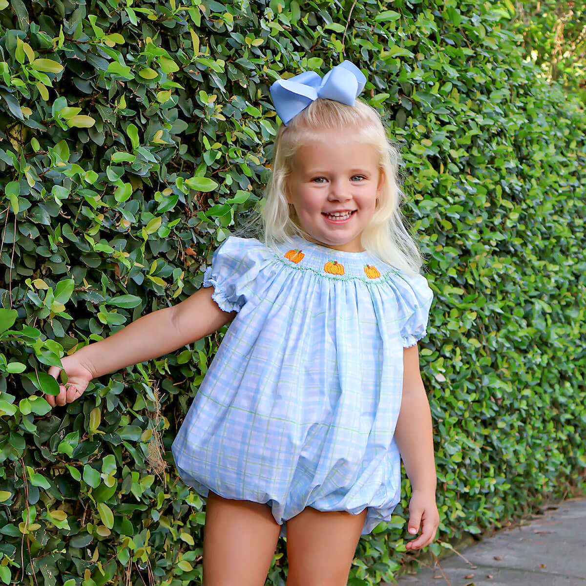 Pumpkin Smocked Blue & Green Plaid Bubble