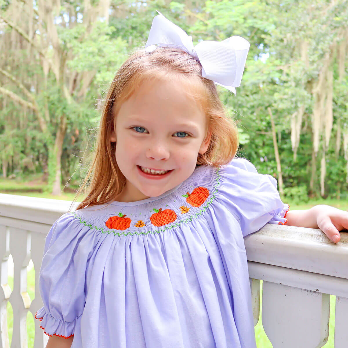 Pumpkin Delight Smocked Blue Bishop Dress