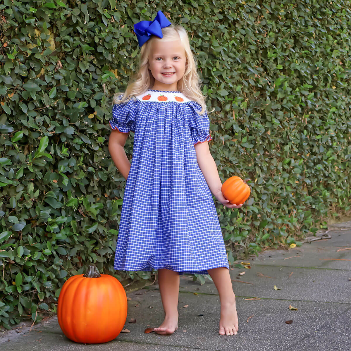 Pumpkin Smocked Navy Blue Windowpane Bishop Dress