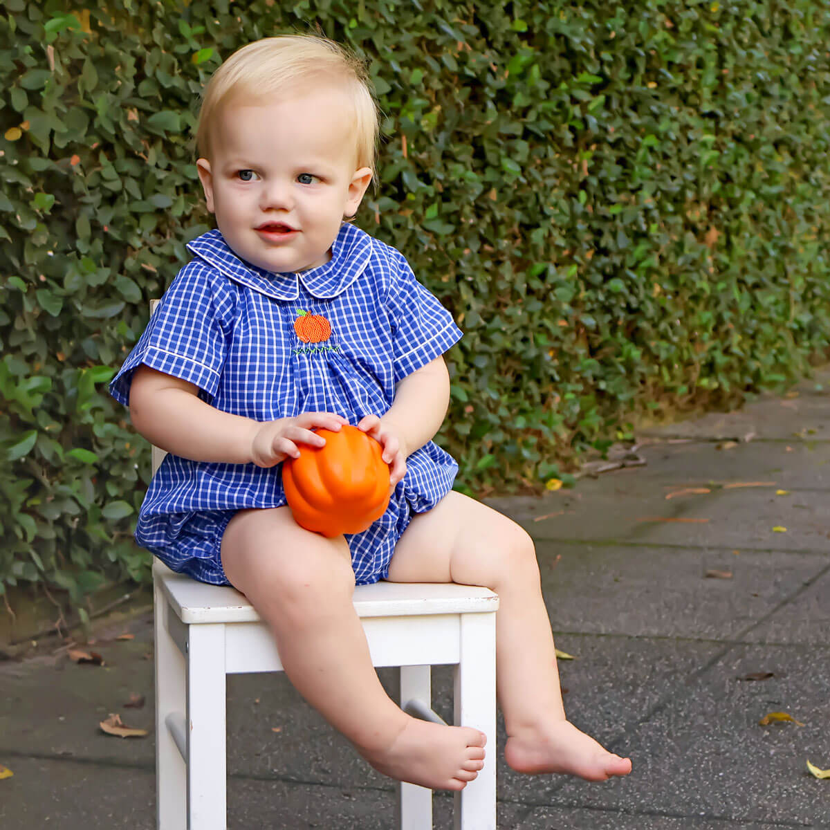 Pumpkin Smocked Navy Blue Windowpane Collared Bubble