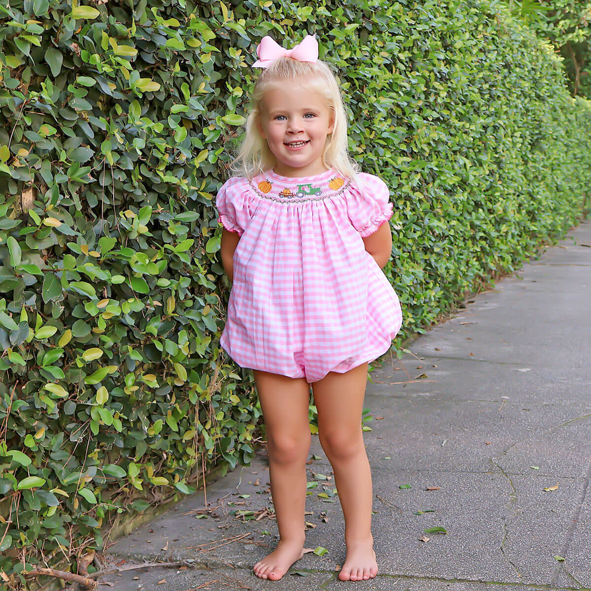 Pumpkin Hayride Pink Check Smocked Bishop Bubble